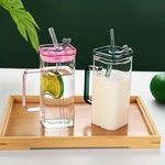 KiKiluxxa Glass Green Tea Coffee Sipper Tumbler Mug with Lid Bear Drinking Pack of 1 - Can Shaped Milk Fruit Juice Wine Water Cups with Clear Straw 400ml Beer Cup