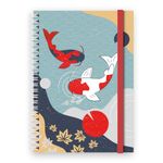 A5 Spiral Bound Journal Notebook- Japanese Themed Cover Designs, 120 Ruled Pages, Double Pocket Page & Elastic Page Divider (Koi Pond)