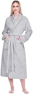 PAVILIA Plush Robe For Women | Light Grey, Fluffy Soft Bathrobe | Luxurious Fuzzy Warm Spa Robe, Cozy Fleece Long Robe | Satin Trim, Large-X-Large