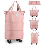 VOOWO Rolling Duffle Bag with Wheels, Expandable Foldable Duffle Bag with Wheels and Handle for Travel, Rolling Luggage Bag Carry on Duffel Bag, Wheeled Travel Duffle Bag (Pink)