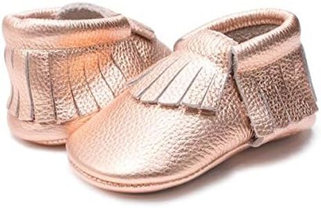 HONGTEYA Leather Baby Moccasins Hard Soled Tassel Crib Toddler Shoes For Boys and Girls (0-6 Months Infant, pinkgold)