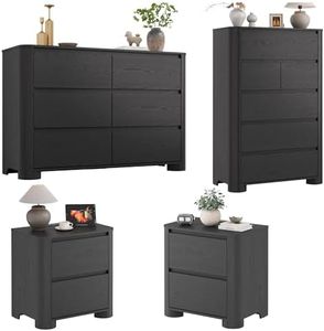 YANSNWO Minimalist Dresser and Nightstand Sets 4 Piece Bedroom Set, Wide & Tall 6-Drawer Dresser & 2 Nightstands with Charging Station, Wooden Bedroom Dresser Sets, Black