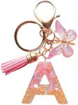 Alphabet Initial Letter Keychains for Women Girls Tassel Butterfly Cute Keychain for Backpack School Bag (A-Pink Gold)