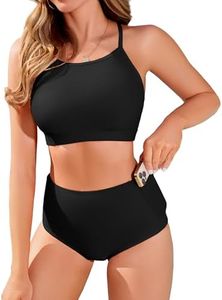 CharmLeaks High Rise Bikinis for Women Tummy Control Two Piece Bathing Suit Criss Cross Modest Swimsuit with Pockets Black XL