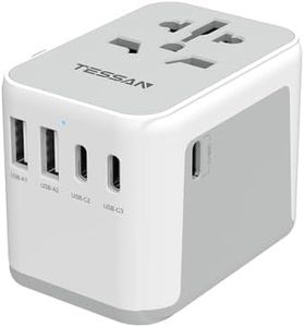 Universal Travel Adapter with 5 USB Ports (3 USB C), TESSAN Worldwide Travel Adapter Wall Outlet, Power Adapter for Multi Countries, 6 in 1 International Plug Adapter for EU UK USA AUS JP (Gray)