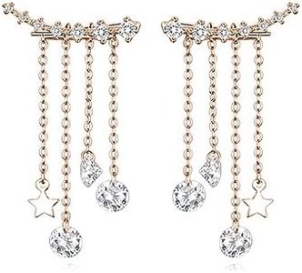 Reffeer Solid 925 Sterling Silver Crawler Earrings Tassel Chain Dangle for Women Teen 7 Crystal Cuff Earrings Climber
