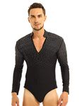 FEESHOW Men's Dance Shiny Rhinestones Bodysuit Shirt Ballroom Salsa Samba Latin Tops Leotard, Black, XX-Large