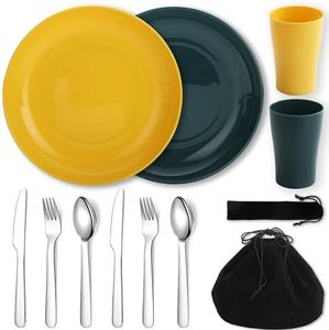 Evanda Camping Cutlery Set 10 Piece, Reusable Light Weight Mug, Plate and Stainless Steel Cutlery Set with Black Bag, for Camping 2 Person, Dishwasher Safe