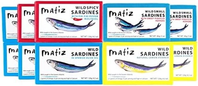 Matiz Sardines Variety Pack, Wild Caught Spanish Waters | 10 Tins | In Olive Oil, Sweet Piquillo Pepper, Spicy Piri Piri Pepper and Lemon Essence
