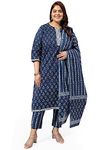 MIRCHI FASHION Women's Straight Fit Cotton Gota Work Jaipuri Printed Plus Size Kurta Set (MPK9166-Navy Blue, White-3XL)