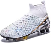 curunect Boys Girls Soccer Cleats Lightweight High-top Training Football Shoes for Youth Non-Slip Kids Soccer Futsal Shoes, Tacos de Futbol para niños, White/Gold/Black, Big Kid 4