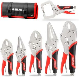 Kretlaw Vice Grips Pliers Set - 6-Piece Set Including 6-1/2" & 9-1/2" Long Nose, 5", 7" & 10" Curved Jaw, 6" C-Clamp Locking Pliers With Rolling Pouch