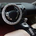 3 in 1 Soft Leopard Car Steering Wheel Cover handbrake grip gear shift collar Covers 38cm Short plush warm Winter (White,O)