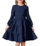 Arshiner Girls Dress Kids Fall Semi Formal Party Boho Long Sleeve Elastic Shirred Smocked Ruffle Tiered Ruffle Dresses with Pockets Navy Blue 9-10 Years