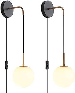 Plug in Wall Sconces Set of 2 Black and Brass Gold Wall Sconces Set of Two Modern Hanging Wall Lamp with Plug in Cord with Globe White Glass Shade Wall Lights with Switch for Bedside Bedroom