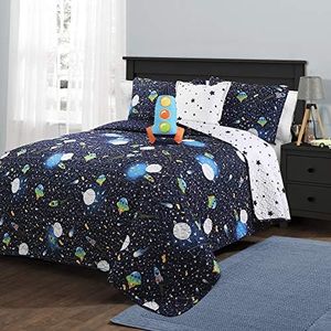 Lush Decor Universe Reversible Quilt Queen Size 5 Piece Set Full/Queen Navy - Kids Bedding Set Queen Quilt - Space Themed Bedroom Decor
