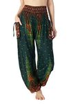 Lannaclothesdesign Women's Smocked Waist Boho Flowy Yoga Harem Pants Hippie Clothes, Green Peacock 2, Large