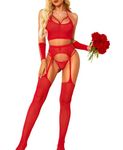 RSLOVE Women’s Sexy Lingerie Set - Fishnet Bodystockings 4 Piece Lingerie with Garter Thigh High Stockings and Gloves Exotic Rhinestone Babydoll Red