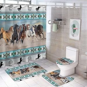 FBMLBRB Native Americans Horse 4 Pcs Waterproof Shower Curtain Set,Abstract Tribal Farmhouse Aztec Dream Catcher Horse with Waterproof Toilet Cover Shower Mat Rugs