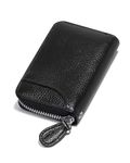 Credit Card Holder Small RFID Blocking Ladies Wallet with Stainless Steel Zipper Excellent Genuine Leather Accordion Wallets Case for Mens and Womens id Compact Slim Blocked Zip Accordian Cards Black