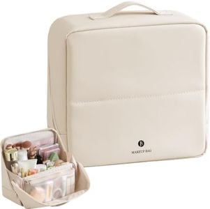 tianzong Travel Makeup Bag with Magnetic Fold-Down Flap, Waterproof Leather Cosmetic and Toiletry Organizer for Women, Multi-Zone Standing Storage, Cream, X-Large