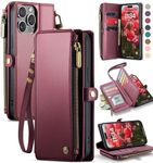 Defencase iPhone 15 Pro Max Case, iPhone 15 Pro Max Wallet Case for Women Men, RFID Blocking PU Leather Magnetic Flip Strap Zipper Card Holder Wallet Phone Cases for iPhone 15 Pro Max 6.7", Wine Red