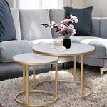 VILAWLENCE Round Coffee Table Set of 2 Modern Nesting Golden Frame Circular and Marble Pattern Wooden Stacking Accent Coffee Tables Metal Frame for Apartment Living, White