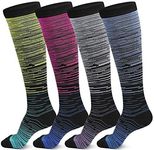 4-Pairs Compression Socks, Women&Men Sports Knee High Socks for Running, Hiking, Tennis, Cricket, Nursing, 20-30mmhg (Fit US size 7-12)