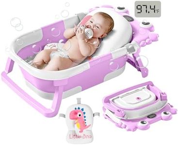 Collapsible Baby Bathtub for Infants to Toddler with Real-time Temp Monitor+Floating Cushion,Foldable Baby Bath Tub Set Applicable 0-36 Month,Portable Travel Bathtub for Newborns Girl (Purple)