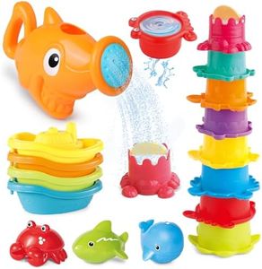 Water Table Toys for Toddlers 1-3, 16PCS Bath Toys for Babies 6-12 Months wtih Floating Boats, Stacking Cups, Shark Water Can & Marine Animal Silicone Toys, Pool Beach Toys Idea Gift for Boys Girls