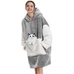 Aemilas Wearable Blanket Hoodie - Oversized Warm Sherpa Hooded Sweatshirt with Giant Pocket as Birthday Gifts for Men Women(Grey and White)