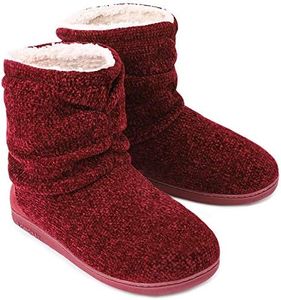 LongBay Women's Chenille Knit Bootie Slippers Cute Plush Fleece Memory Foam House Shoes (X-Large / 11-12 B(M), Wine Red)