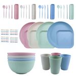 Unbreakable Tableware Picnic Dinner Sets, 52 Pcs Plastic Dinnerware Set for Party Camping Dinnerware Set for 4 Microwave Safe Plastic Plates and Bowls Set Lightweight Colorful Plastic Dinner Set