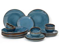 Bodhi House Reactive Handcrafted Premium Ceramic Dinner Set | 6 Dinner Plates, 6 Quarter Plates, and 6 Small Dinner Bowl | Stoneware | Microwave and Dishwasher Safe | Pack of 18 | Greenish Blue