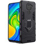 WOW IMAGINE Shock Proof Back Case Mobile Cover for Xiaomi Mi Redmi Note 9 (Armor | Hybrid PC + TPU | Full Protection with Ring Holder Kickstand | Carbon Black)