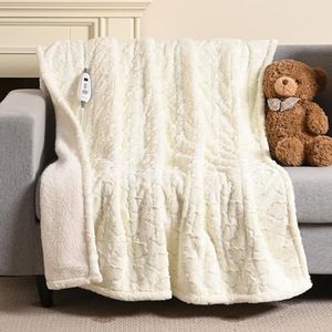 Bearhug Heated Throw Blanket, 50"×60" Electric Throw, White Flower Patterns Faux Fur & Warm Sherpa, 4h Auto-Off Timer & 6 Heating Levels, ETL Certified, Machine Washable, Gift Box