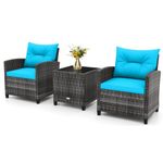 RELAX4LIFE 3 Piece Patio Furniture Set, Wicker Bistro Conversation Set w/2 Cushioned Armchairs & Glass Topped Table, Outdoor Rattan Sofa Set Patio Furniture for Porch Balcony Poolside (Grey-Turquoise)