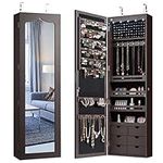 COSTWAY 5 LED Lights Jewelry Cabinet, Door Hanging/Wall Mounted Jewelry Armoire with Full Length Mirror, Lockable Dressing Cosmetics Jewellery Storage Organiser Unit Gift (Espresso)