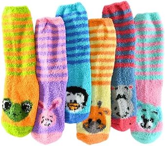 Tipi Toe Women's 6-Pairs Cozy Microfiber Anti-Skid Striped Animal Patterned Pink Green Blue Red Colored Soft Fuzzy Crew Socks, FZ45-T1