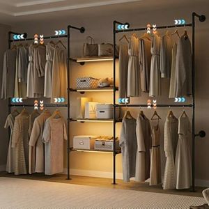 DABILONGC Industrial Pipe Clothes Racks with LED Lights, Heavy Duty Expandable Garment Rack with 4 Shelves & 4 Rods, Wall Mounted Closet Organizer for Bedroom, Laundry Room (Fits 72.8"-110.6") (Black)