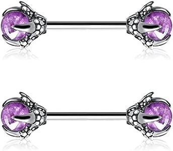 OUFER 14G Nipple Rings Dragon Claw with Natural Stone Nipple Piercing Jewelry 316L Stainless Steel Nipple For Women(Amethyst)