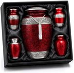 Elegant Cremation Urns for Human Ashes Adult Female or Male - Hand Engraved Cremation Urn Set with 1 Large Urn for Ashes with 4 Matching Mini Urns with Velvet Bags and a Box (Red, Set of 5)