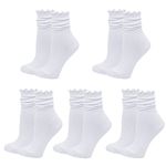 Bienvenu Ruffle Slouch Socks for Women, Cute Cotton Crew Socks, Frilly Novelty Knit Socks 5 Pairs, White, One size