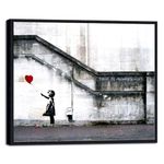 Wieco Art Black Framed Canvas Prints Wall Art of Banksy Grafitti Girl with Red Balloon Grey Love Pictures Paintings for Living Room Bedroom Home Decorations BANKSY-1-5060BF-UK