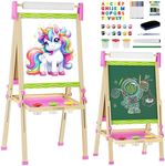 Easel for Kids,Wooden Toddler Art Easel,Kid Toys for Ages 5-7 8-13,3 4 5 6 7 8 9 Year Old Boy Girl Birthday Gifts,Double-Sided Magnetic Dry Erase Whiteboard and Chalk Board with Art Supplie Paper Roll