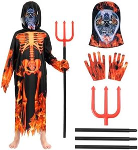 DVDGSC Costume Da Scheletro per Halloween: Costume Da Diavolo per Bambini con Maschera Guanti Tridente - Costume Morte Bambini per Halloween Carnevale Feste (S)