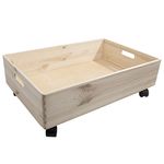 Extra Large Wooden Shallow Storage Crate with Wheels& Handles | 59.5 x 39.5 x18.5 cm | Unpainted Plain Decorative Pine | Rectangular Non-lidded Open Top Trunk Display Container Toy Box