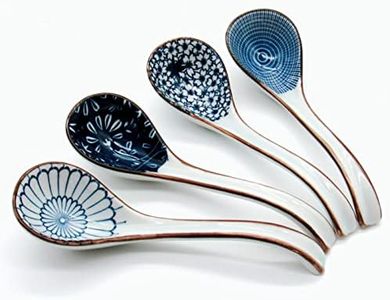 JOBNTZ Asian Soup Spoon,Ceramic Ramen Spoon,6.4inch Japanese Pho Spoon with Long Handle for Miso,Dumpling,Noodles,Wonton (Blue and White Porcelain, Set of 4)