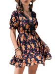 SGF11 Women's 2024 V Neck Short Sleeve Floral Design A Line Short Mini Dress Wear Casual Beach Party (X-Large) Dark Blue