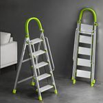 BUILDSKILL Aluminium Ladder for Home 7 Steps | 36x16cm Wide Anti-Slip Aluminium Steps | Stainless Steel Body | Handrails | Load 150 Kg | Foldable Lightweight 8.15KG Ladder for Kitchen, Office & Home